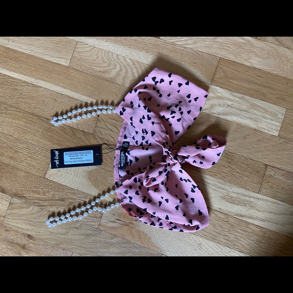 Pearl Strap Heart Print Bralet Pink